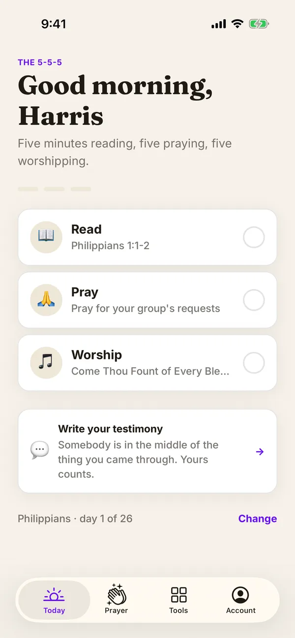 The Today screen: Read, Pray and Worship, each with a check circle