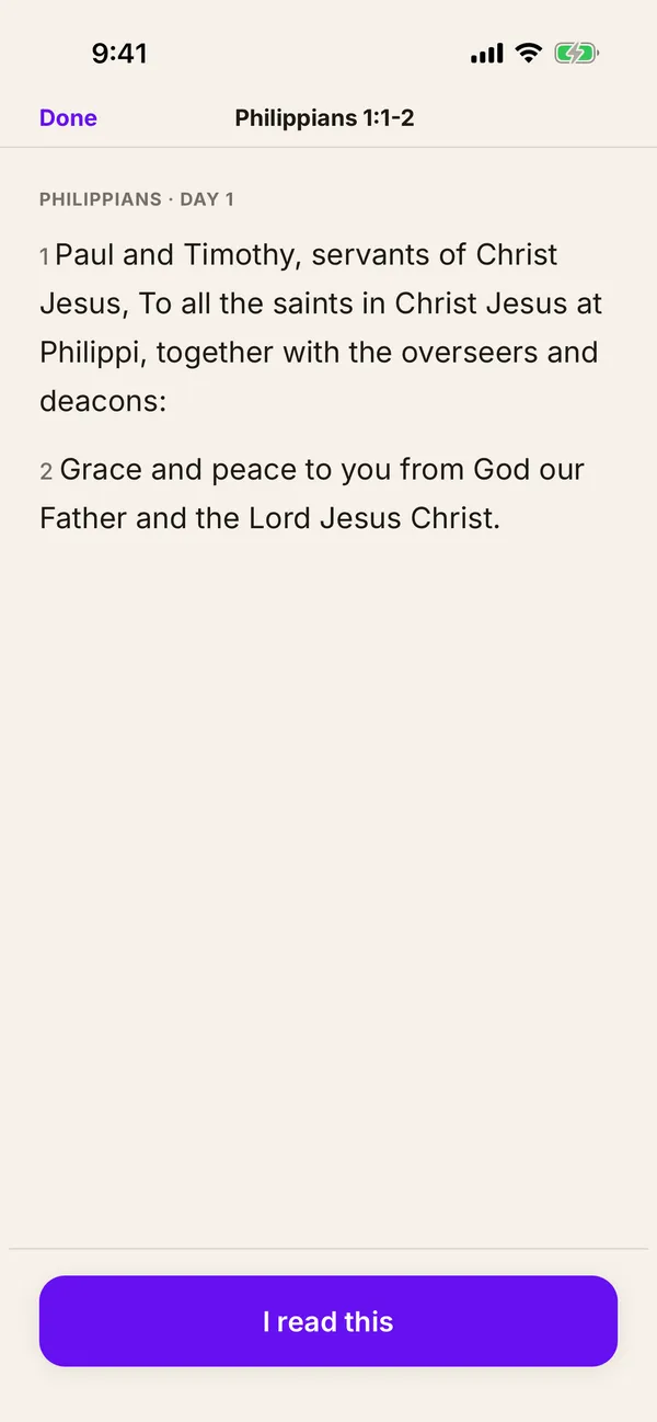 Reading Philippians chapter 1, with an "I read this" button