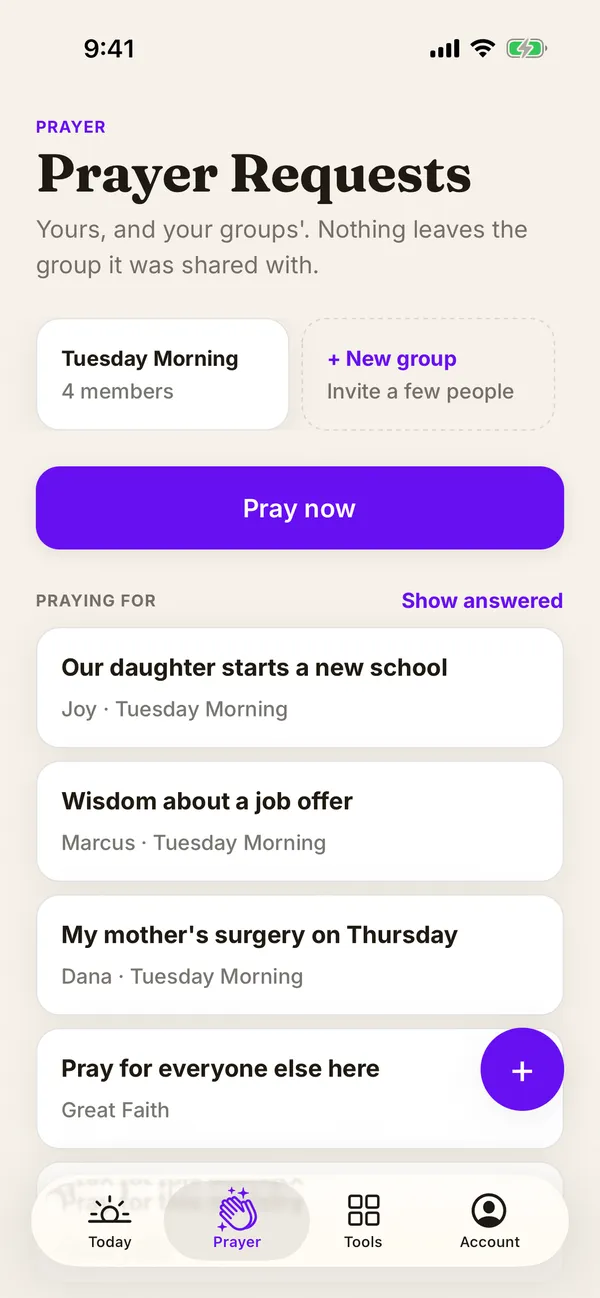 A small group's prayer requests, with a Pray now button