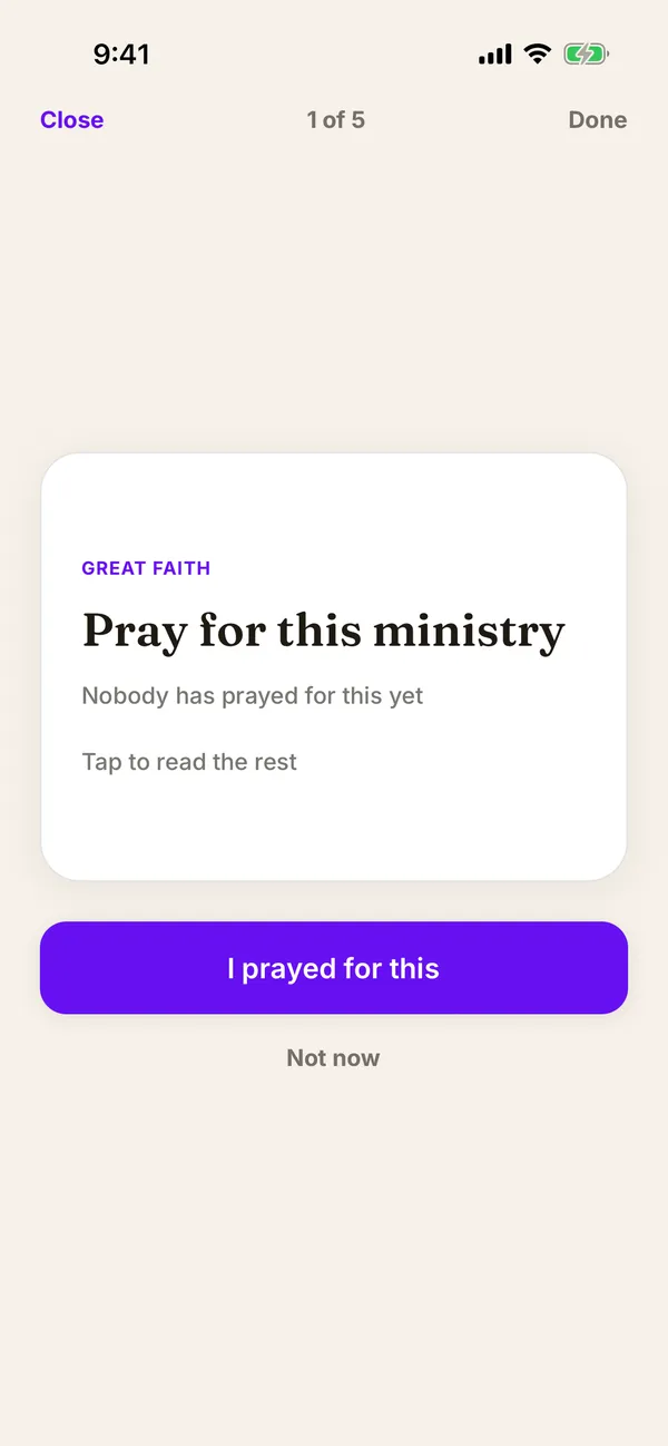 The Pray Now deck, one request at a time, with "I prayed for this"