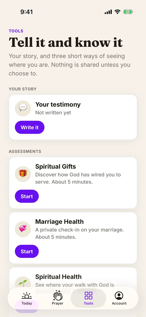 Tools: your testimony, and the Spiritual Gifts, Marriage Health and Spiritual Health assessments