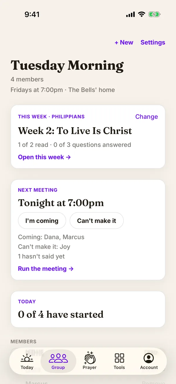 A small group's home in the Great Faith app: this week's study, tonight's meeting, and who's coming