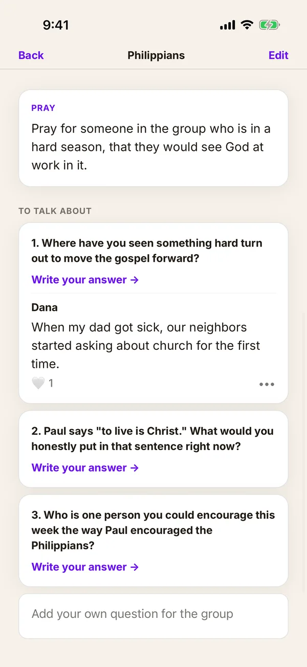The week's questions in the Great Faith app, with one member's answer shared with the group