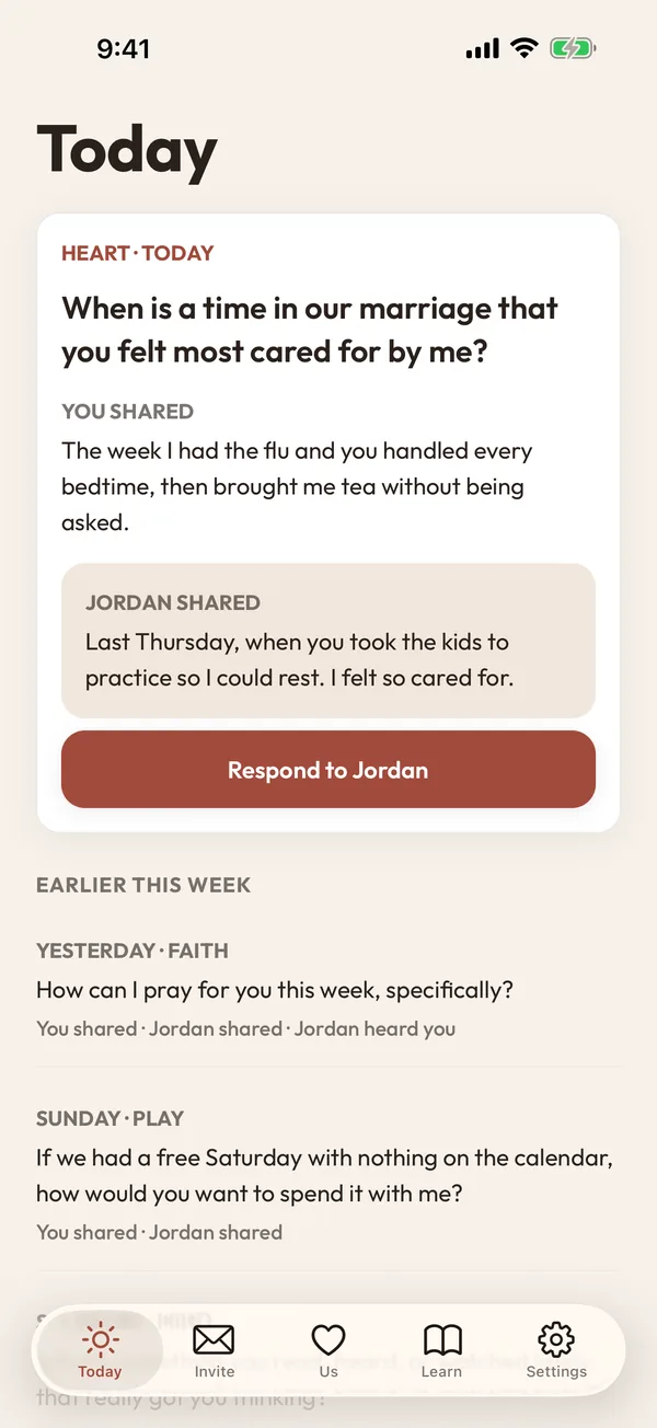 Today's question, with both spouses' answers shared and a button to respond