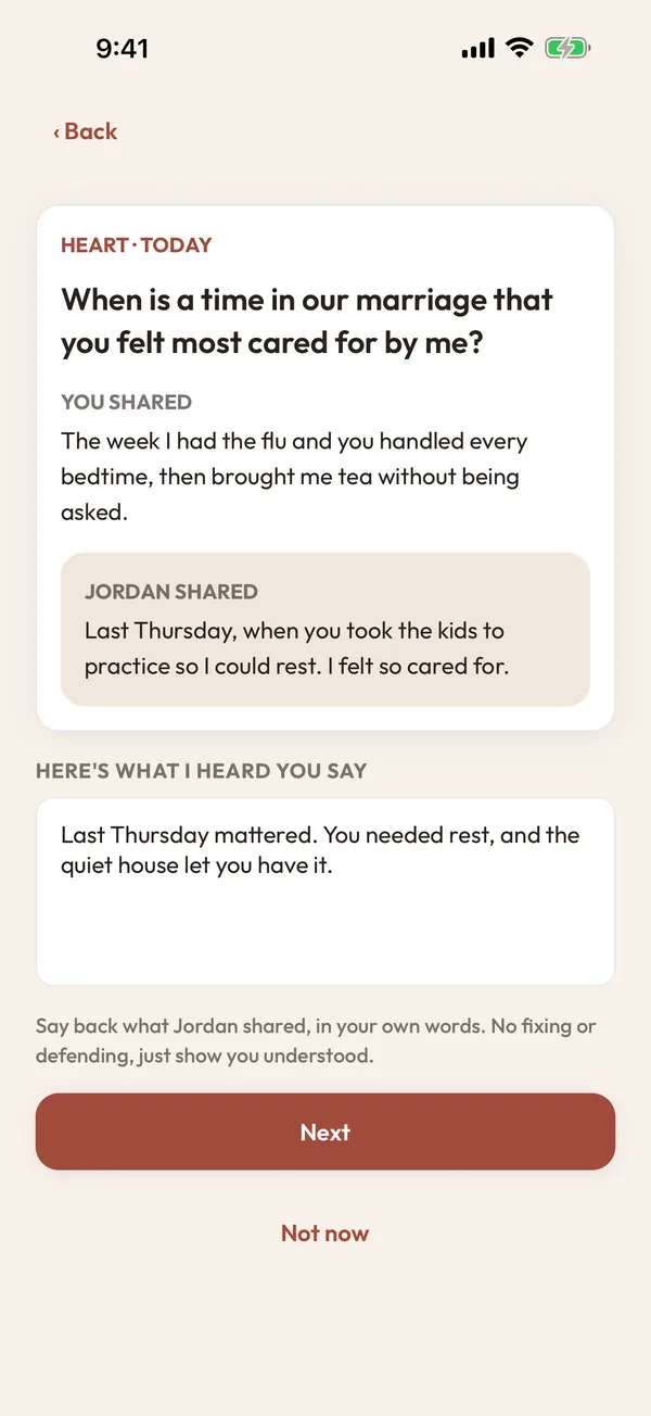Responding to a spouse's answer, starting with "Here's what I heard you say"