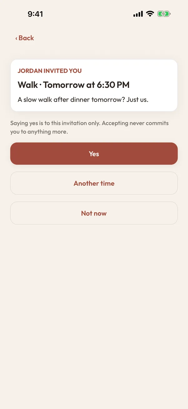 An invitation to a walk tomorrow evening, with Yes, Another time and Not now