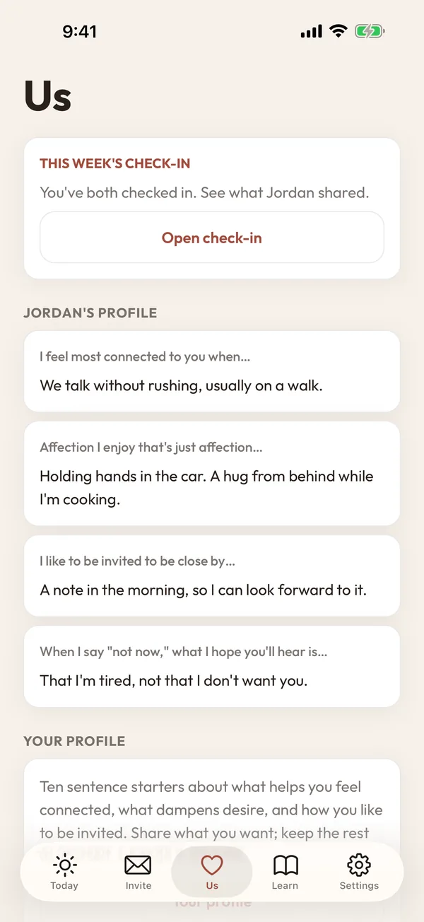 The Us tab: this week's check-in and your spouse's shared profile