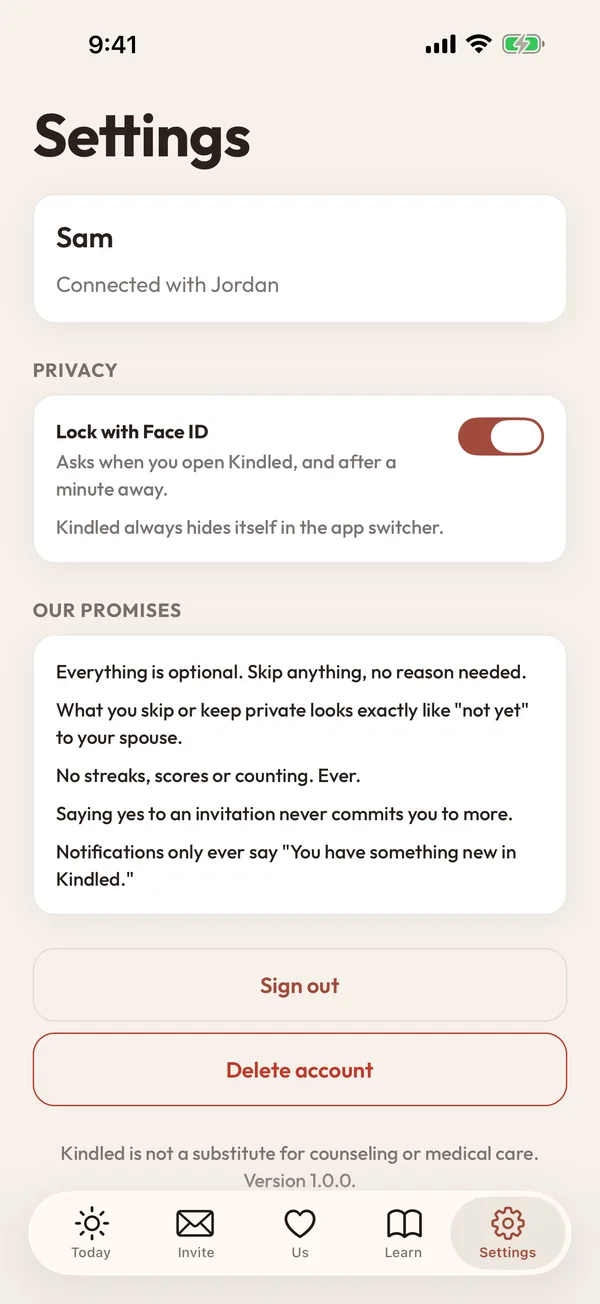 Settings: lock with Face ID, and the list of Kindled promises
